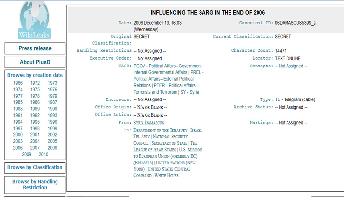 ویکی لیکس: طرح بی ثبات سازی سوریه از سال 2006 کلید خورده بود