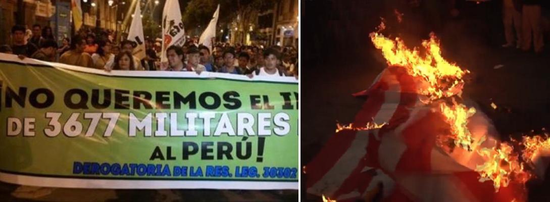 Peruanos queman bandera estadounidense en rechazo a la llegada de portaaviones de EEUU