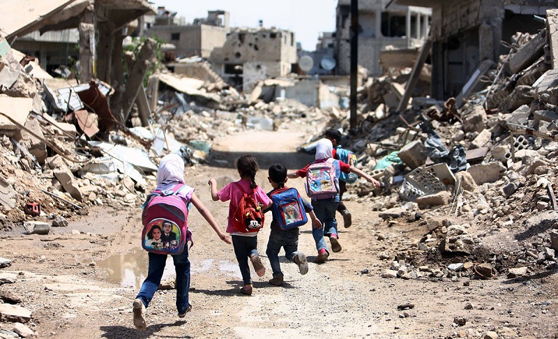 Syrian Students Going to School in Newly-Liberated Eastern Ghouta