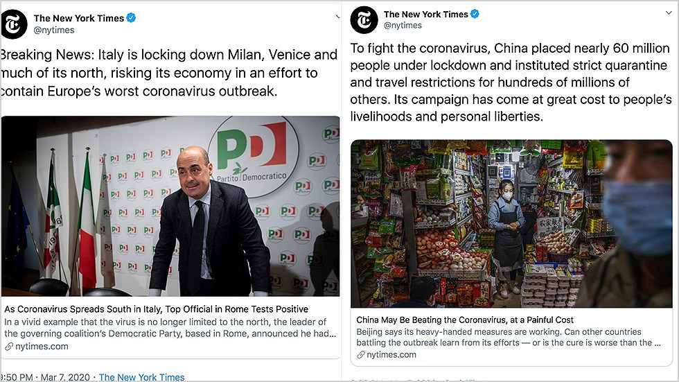 Bias Virus Hits New York Times as Double standards Infect Coverage of Covid-19 Lockdown Measures in China, Italy