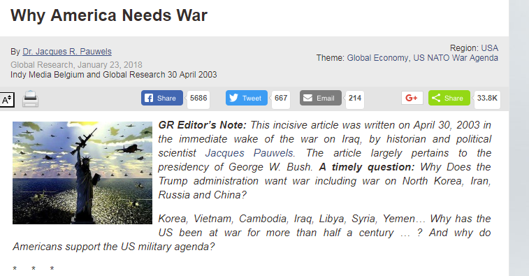 غلوبال ریسیرش: لماذا أمريكا تواقة للحرب وما هو السر الاقتصادي وراء هذا؟